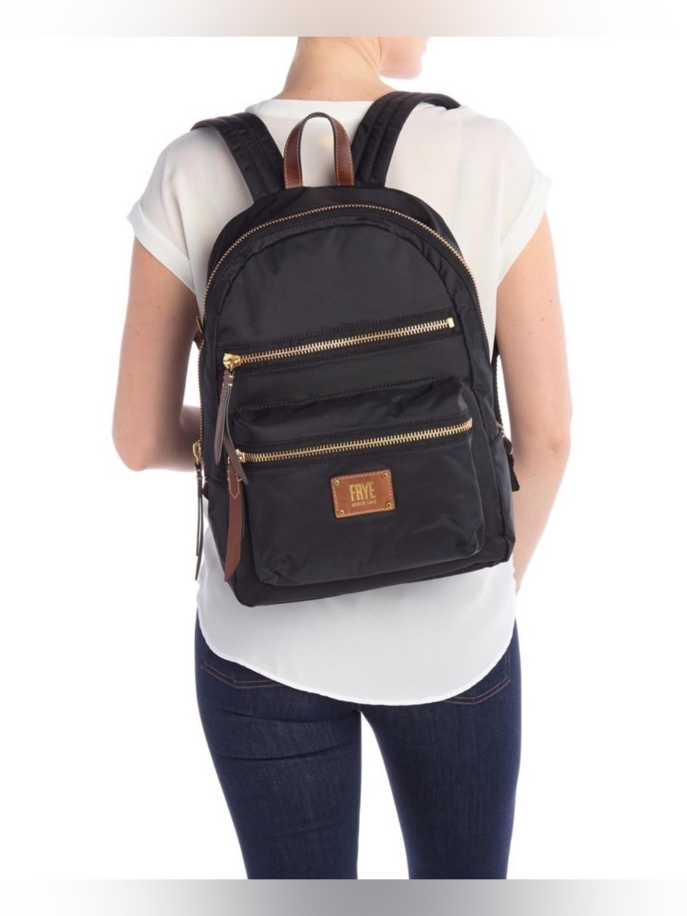 Frye Black Backpack with Brown Leather Accents and Gold Hardware